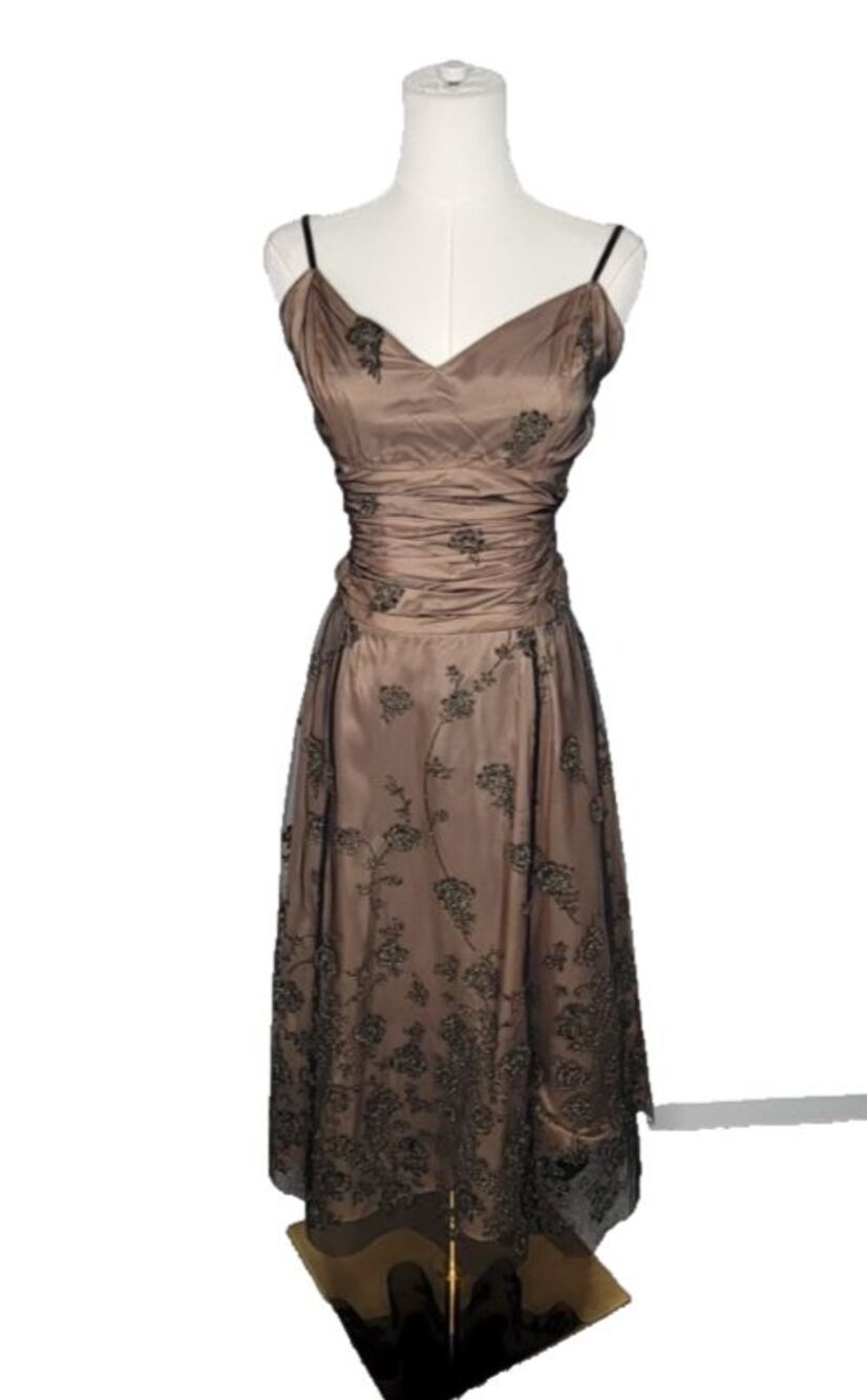Papell Boutique Brown Black Floral Mesh V-Neck A-Line Midi Size XS/S